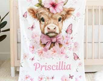Highland Cow Personalized Baby Blanket - Custom Name Blanket for Girls -  Shower Gift
