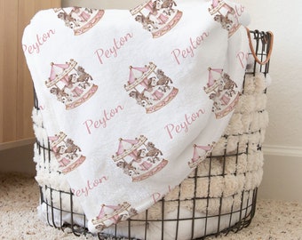 Pink Carousel Horse Personalized Baby Girl Name Blanket, Shower Gift