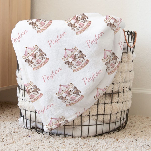 Pink Carousel Horse Personalized Baby Girl Name Blanket, Shower Gift