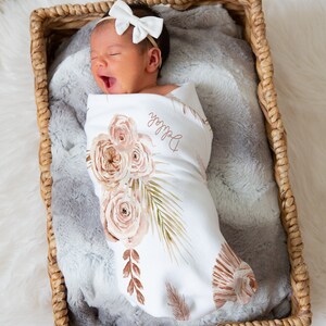 Boho Pink and Brown Floral Personalized Baby Girl Name Blanket, Shower Gift image 2