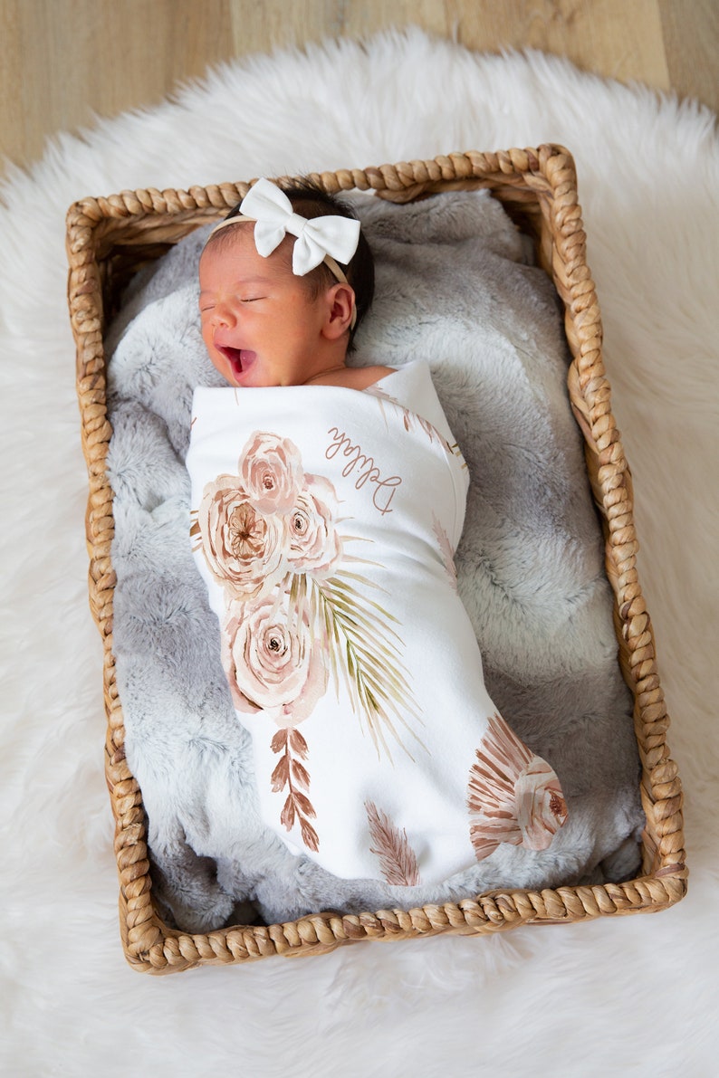 Boho Pink and Brown Floral Personalized Baby Girl Name Blanket, Shower Gift image 2