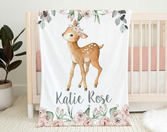 Personalized Baby Girl Name Blanket, Pink Floral Deer baby shower gift