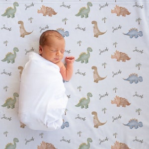Sleepy Dinosaurs Personalized Baby Boy Name Blanket, Custom Baby Shower Gift image 2