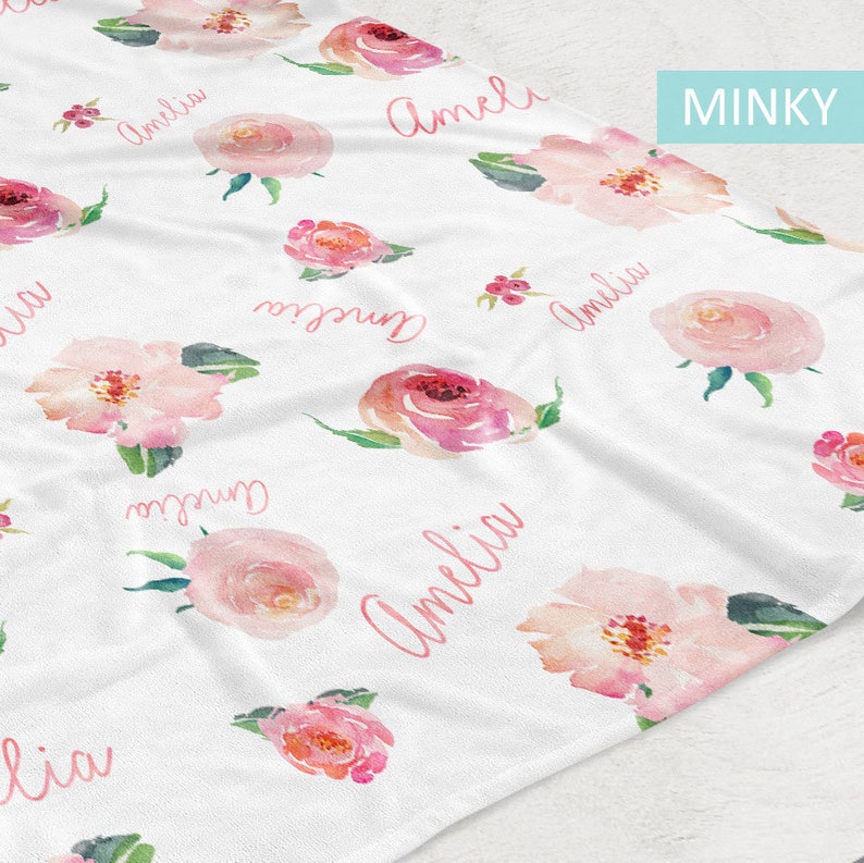 Personalized Baby Girl Name Blanket, Floral watercolor print coralBB115 image 3