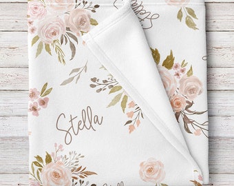 Neutral pink and olive floral Personalized Baby Girl Name Blanket