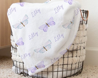 Purple Butterflies Personalized Baby Girl Name Blanket, Shower Gift