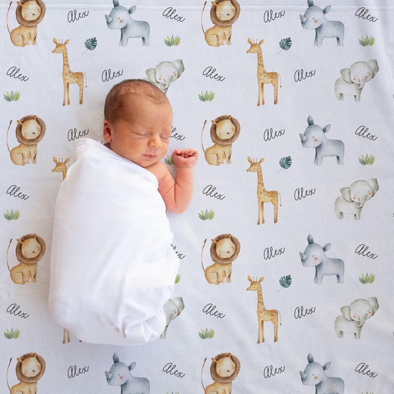 Personalized Safari Animals Baby Name Blanket, Custom Baby Boy Shower Gift, Custom Baby Girl Shower Gift image 2