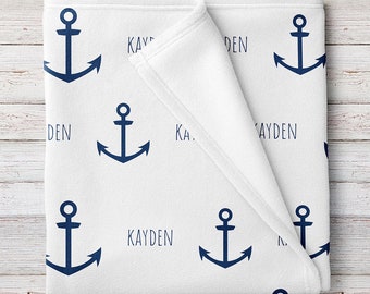 Anchor Fleece Baby Blanket, Personalized Baby Name, Nautical Nursery (BB262)