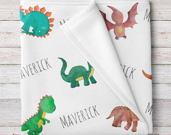 Personalized Baby Boy Name Blanket, Dinosaur watercolor print (BB114)