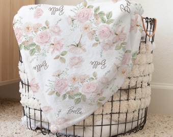 Custom Soft roses floral Baby Blanket - Personalized Name Blanket for Girl - pink cream Shower Gift