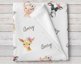 Personalized Baby Farm Animals Baby Girl Name Blanket, Custom Baby Shower Gift