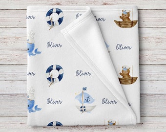 Custom Baby Boy Little Sailor Nautical Boats Blanket, Personalized name baby shower gift