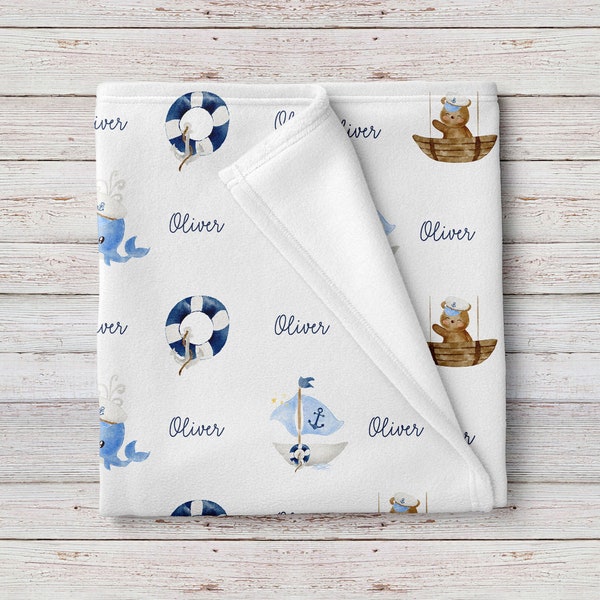 Custom Baby Boy Little Sailor Nautical Boats Blanket, Personalized name baby shower gift