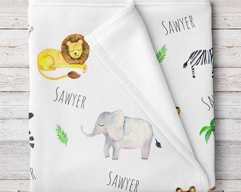 Jungle Animals Safari Zoo Personalized Unisex Baby Blanket (BB325)