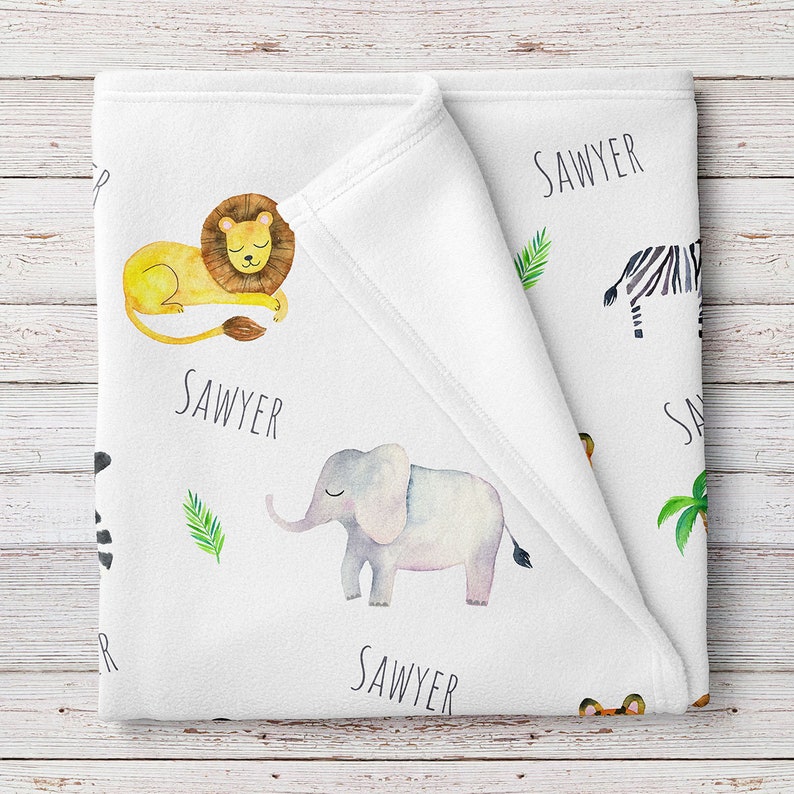 Jungle Animals Safari Zoo Personalized Unisex Baby Blanket BB325 image 1