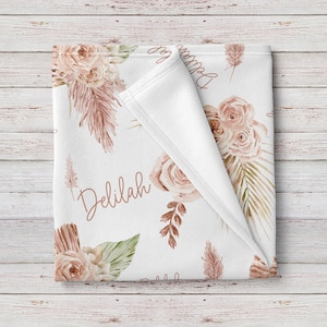 Boho Pink and Brown Floral Personalized Baby Girl Name Blanket, Shower Gift image 1