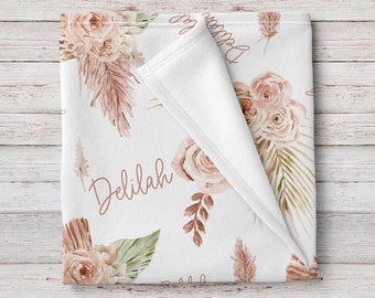 Boho Pink and Brown Floral Personalized Baby Girl Name Blanket, Shower Gift