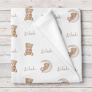Teddy Bear Personalized Baby Girl Name Blanket, Custom Girls Coming Home Gift