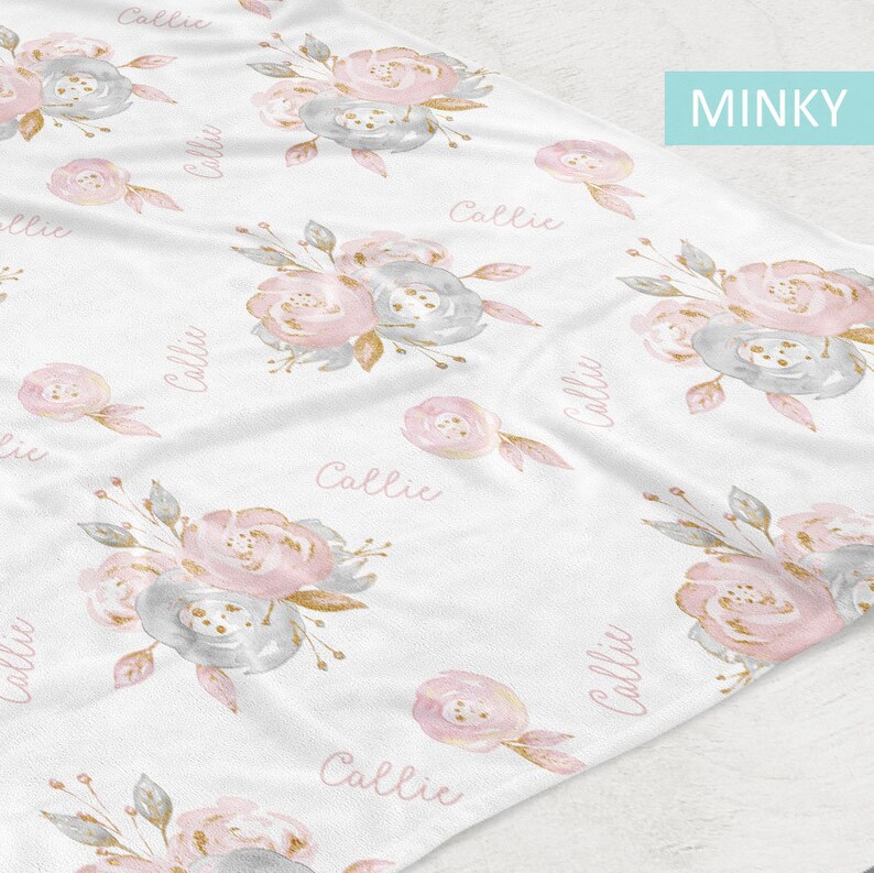 Personalized Baby Girl Name Blanket Pink and Gray Floral Etsy