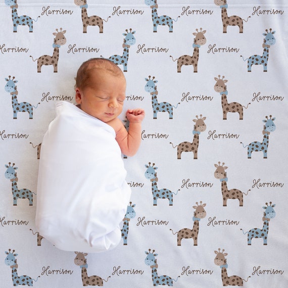 Baby Boy Giraffe Custom Name Blanket, Boy Baby Name Monogram