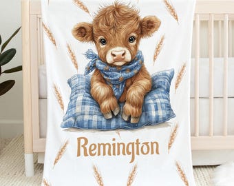 Baby highland cow Personalized Baby Blanket - Custom Name Blanket for Boy -  Shower Gift