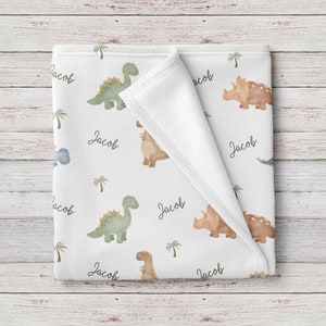 Sleepy Dinosaurs Personalized Baby Boy Name Blanket, Custom Baby Shower Gift image 1