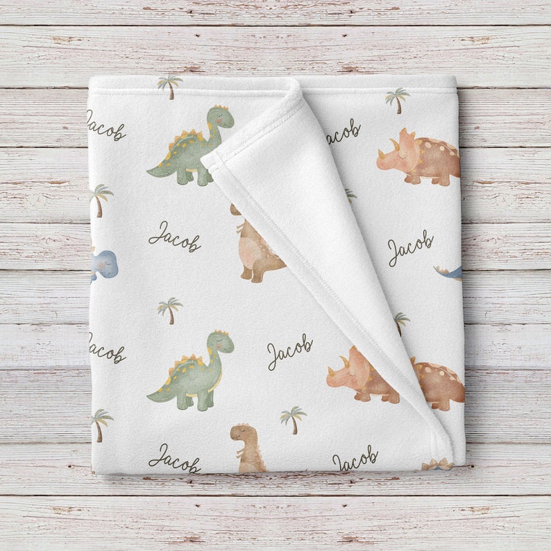 Sleepy Dinosaurs Personalized Baby Boy Name Blanket, Custom Baby Shower Gift image 1