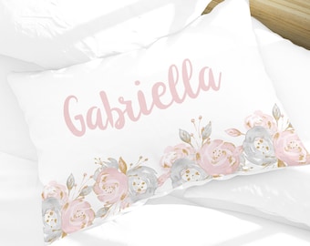 Shabby Chic Floral kids personalized standard pillowcase, custom pink and gray floral name pillow case