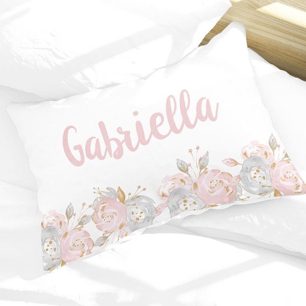 Shabby Chic Floral kids personalized standard pillowcase, custom pink and gray floral name pillow case
