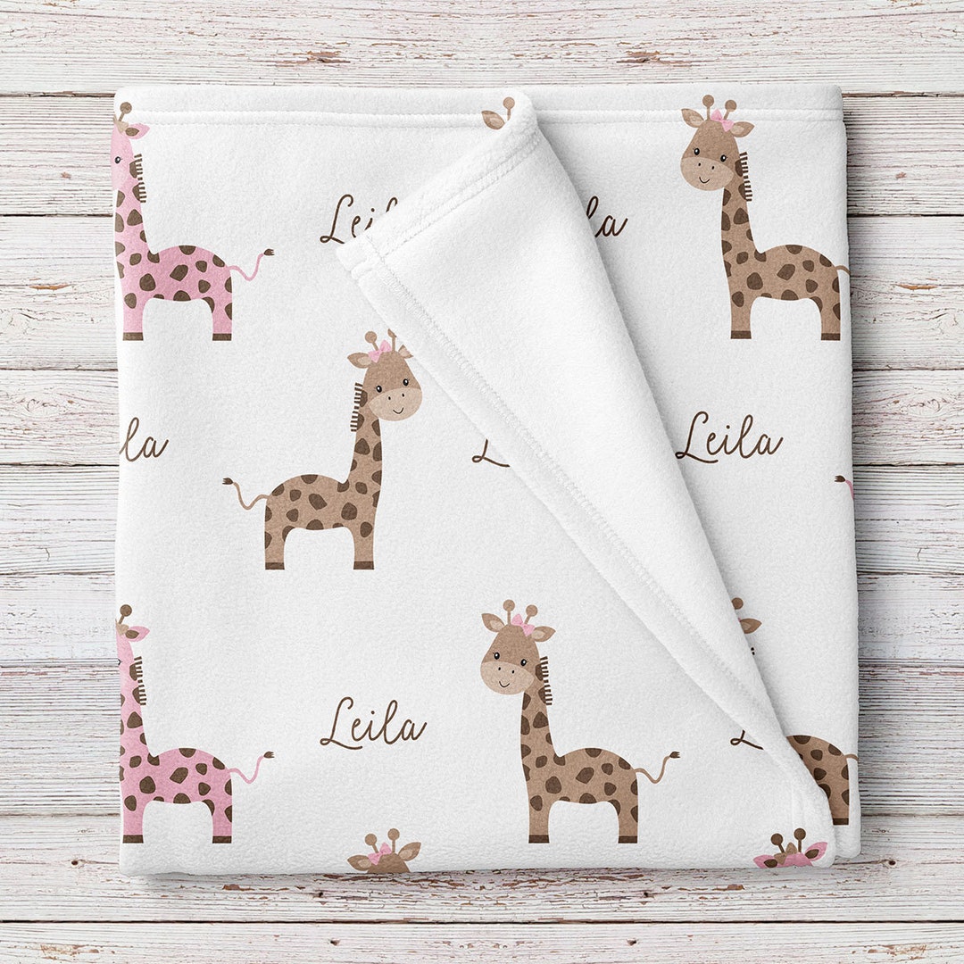 Giraffe Fleece Baby Girl Blanket, Pink and Brown, Personalized Baby