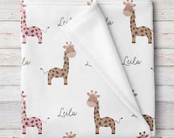 Giraffe Fleece Baby Girl Blanket, Pink and Brown, Personalized Baby Name (BB264)