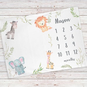 Monthly milestone unisex baby blanket personalized, Safari animals BB129 image 1