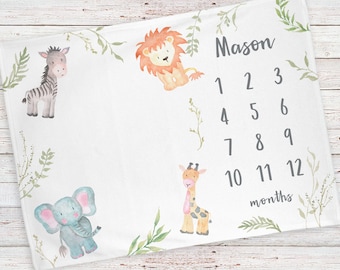 Monthly milestone unisex baby blanket personalized, Safari animals (BB129)