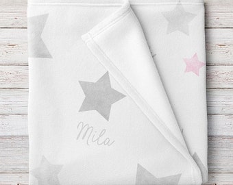 Personazlied Star Baby Girl Blanket, Pink and Gray Stars (BB277)