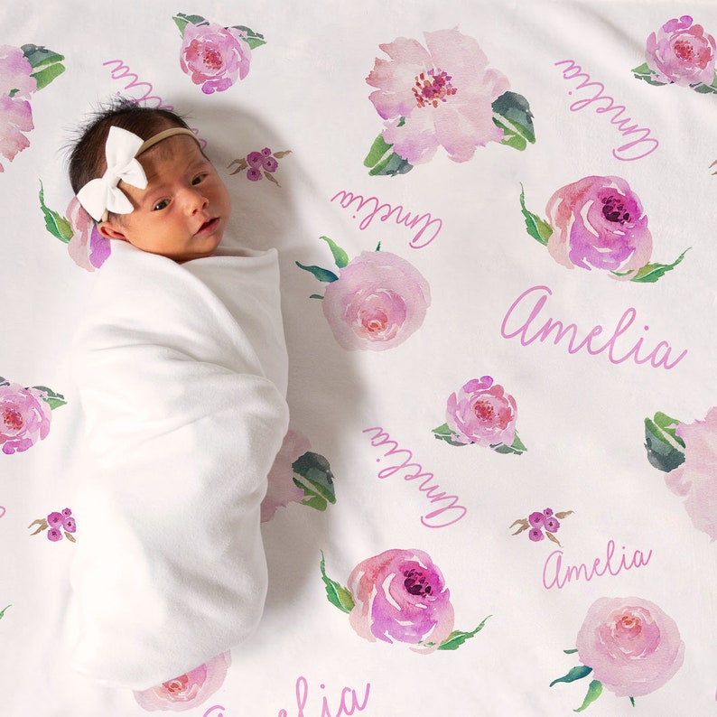 Personalized Baby Girl Name Blanket Pink Floral Watercolor Etsy