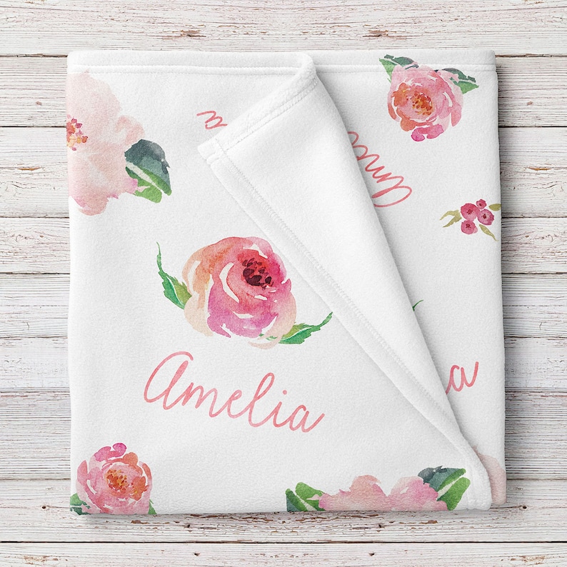 Personalized Baby Girl Name Blanket, Floral watercolor print coralBB115 image 2