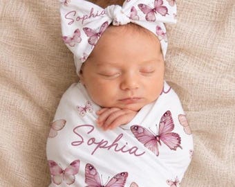 Personalized Butterfly Mauve Baby Girl Swaddle & Hat Set, Newborn Hospital Outfit, Coming Home Baby Gift