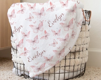 Pink Butterfly Personalized Baby Girl Name Blanket, Custom Baby Shower Gift