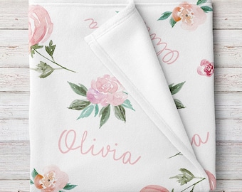 Personalized Baby Girl Name Floral Blanket, Light coral and pink flowers (BB298)