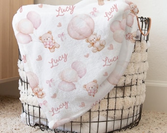 Custom Teddy bear  Baby Blanket - Personalized Name Blanket for Girl - pink Shower Gift
