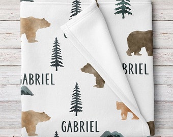Bears and Mountains Woodland Personalized Baby Unisex Blanket (BB323)