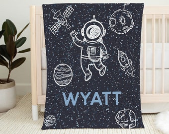Custom Name Astronaut Baby Boy Blanket, Personalized Outer Space Baby Shower Gift
