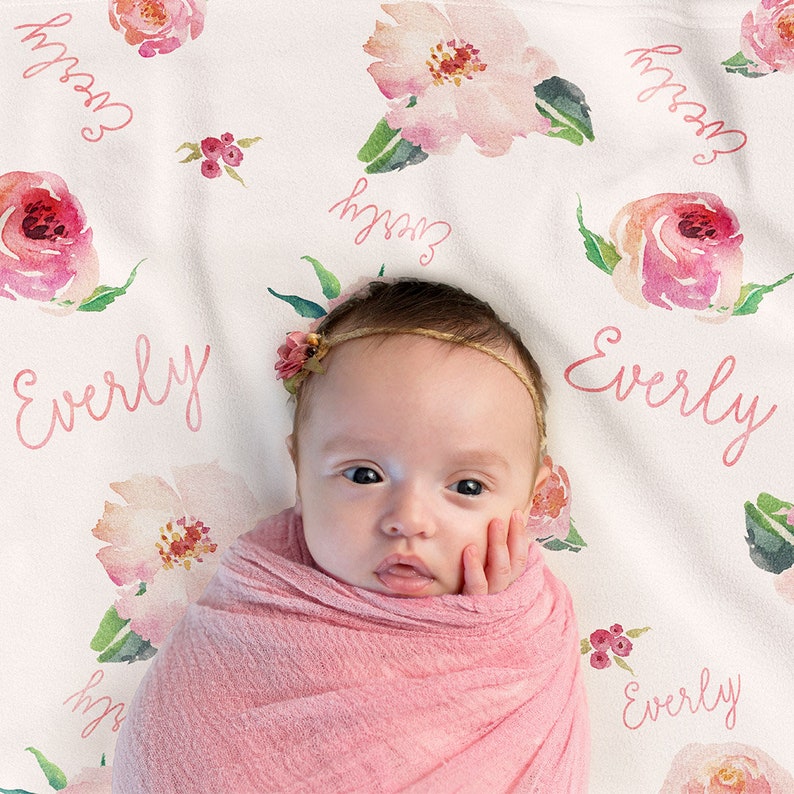 Personalized Baby Girl Name Blanket, Floral watercolor print coralBB115 image 10