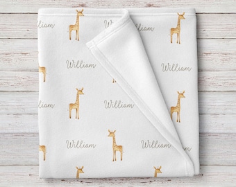 Giraffes Personalized Baby Boy Blanket, Custom Name Shower gift