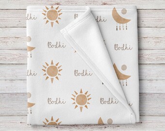 Boho Suns and Moons Celestial Personalized Baby Name Blanket Unise, Shower gift, Hospital coming home