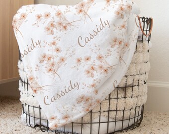 Delicate Wildflower Foral Neutral Personalized Baby Girl Name Blanket, Shower Gift
