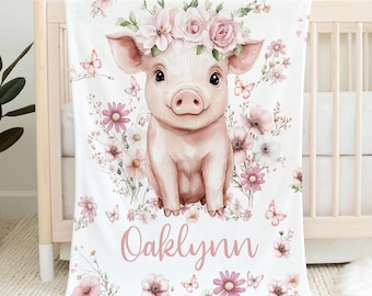 Custom cute pig farm Baby Blanket - Personalized Name Blanket for Girls - pink Shower Gift