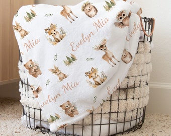 Pretty Boho Woodland Animals Baby Girl Personalized Name Blanket