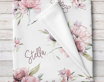 Dreamy floral pink and purple Personalized Baby Girl Name Blanket