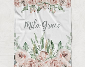 Custom Soft Floral Rose Baby Girl Name Blanket, Personalized baby shower gift